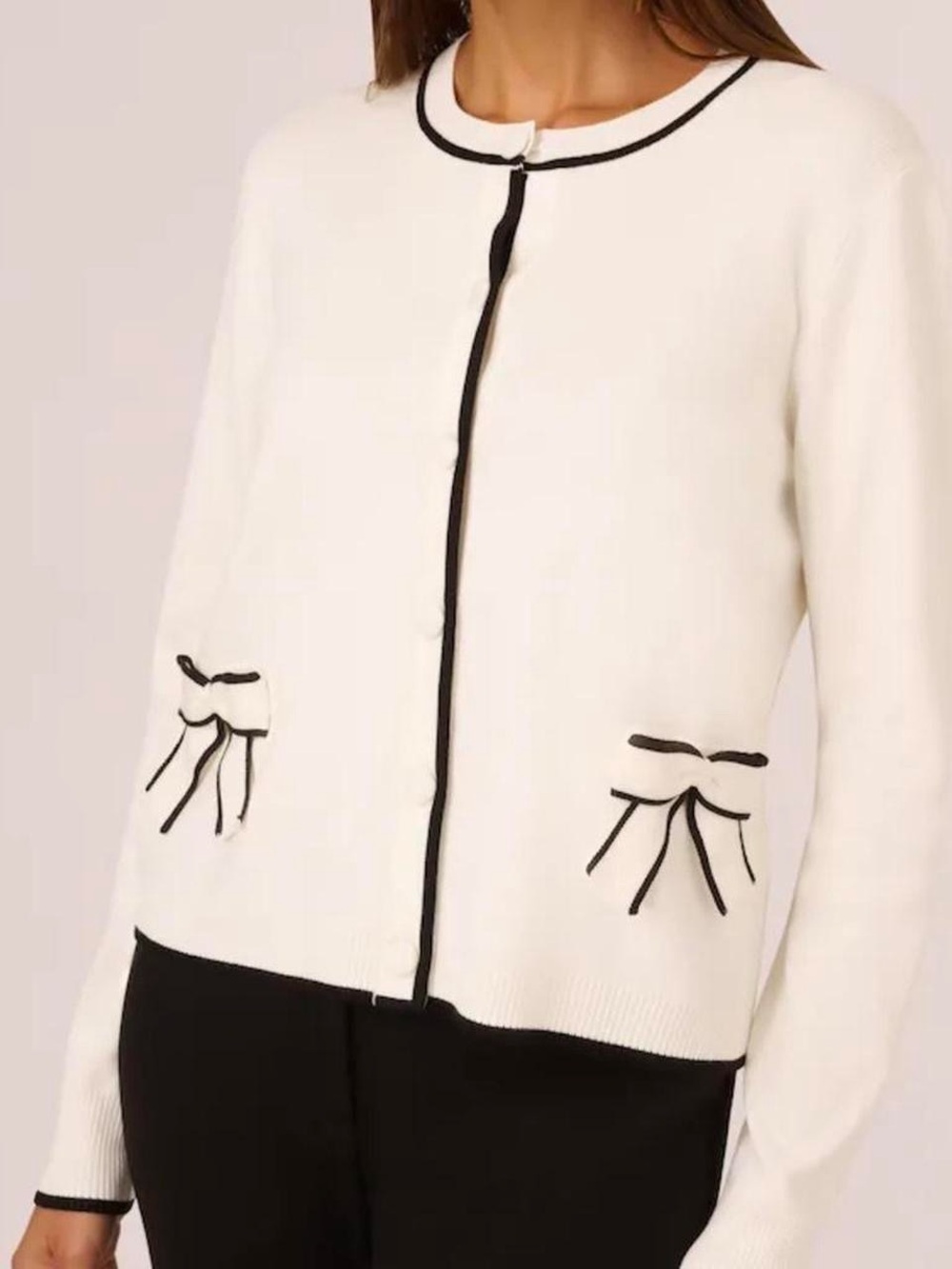 Adrianna Papell XL White Cardigan Black Trim Bow Knit Sweater Coquette Parisian
